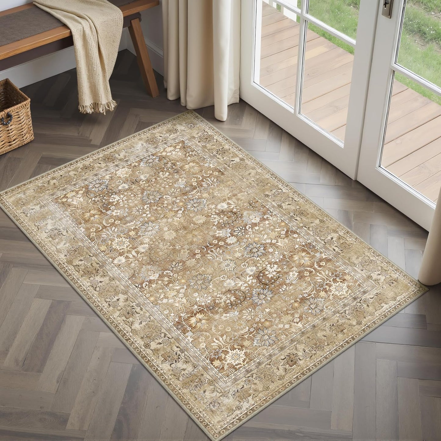 8x10 Machine Washable Rugs Brown Hallway Large Area Rug Indoor Accent Rug Floral Low Pile Carpet Soft Throw Aesthetic Rug Bedroom Living Room Office Dining Room Kitchen Laundry Room