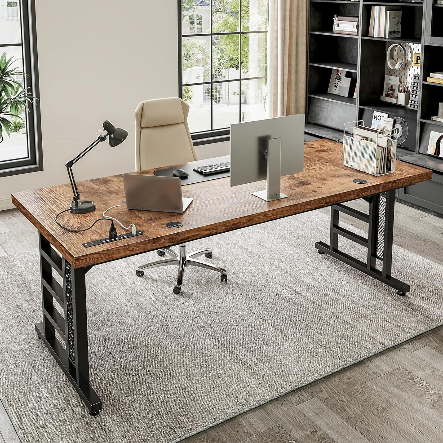Coleshome 71 Inch Executive Desk with USB Ports, Computer Office Desk, Large Mordern Writing Table, Workstation Business Furniture for Home Office, Black