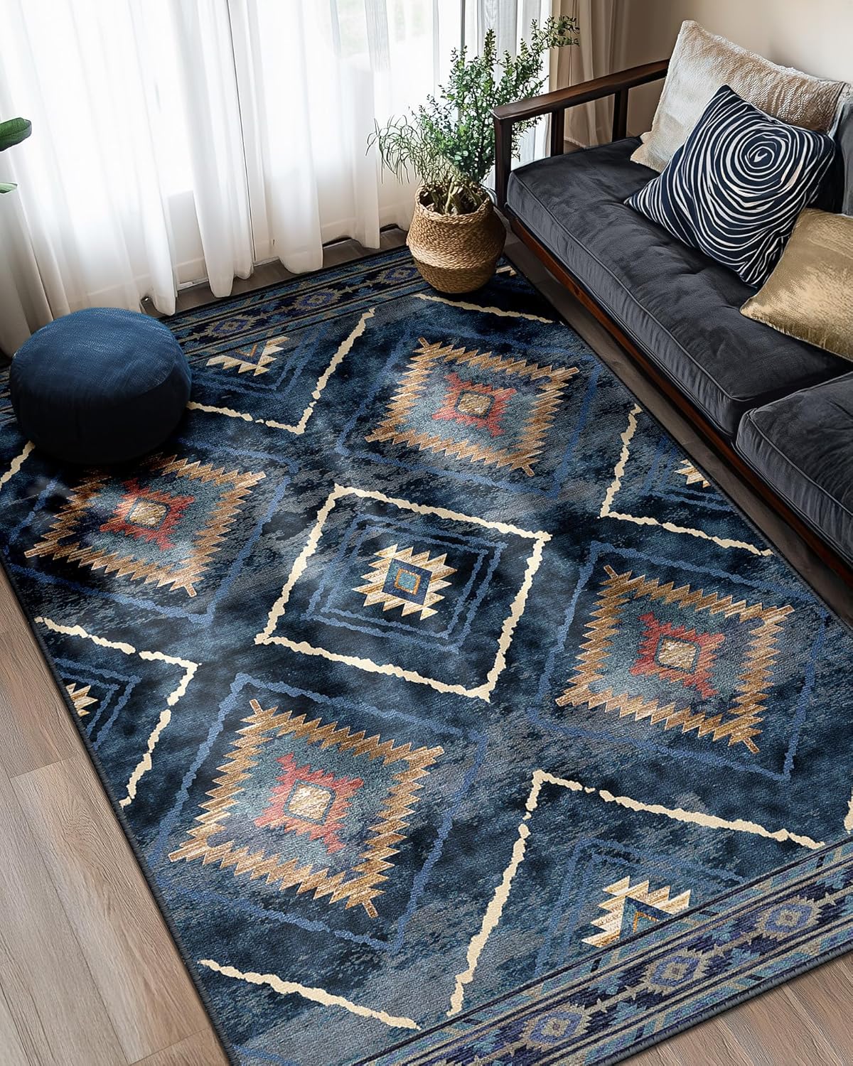 Area Rug 8x10 Rug Machine Washable Non-Slip Low Pile Print Pattern Western Rug for Living Room Bedroom Entryway Tribal Series -Cream/Camel