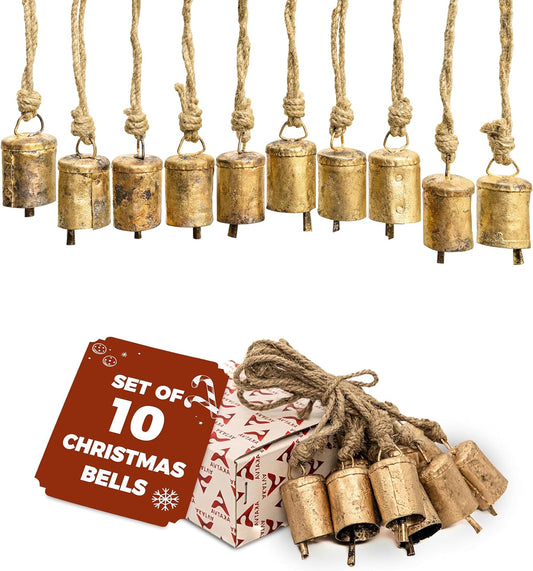 Gold Christmas Ornaments Set – Vintage Decor for Tree – Gold Bells – Christmas Tree Ornaments for Holiday Season – Rustic Bells Hanging Ornaments – Set of 10 Pieces