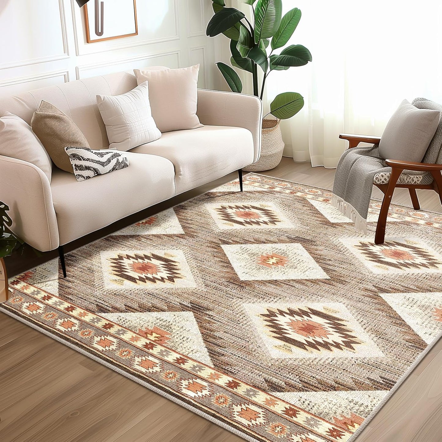Area Rug 8x10 Rug Machine Washable Non-Slip Low Pile Print Pattern Western Rug for Living Room Bedroom Entryway Tribal Series -Cream/Camel