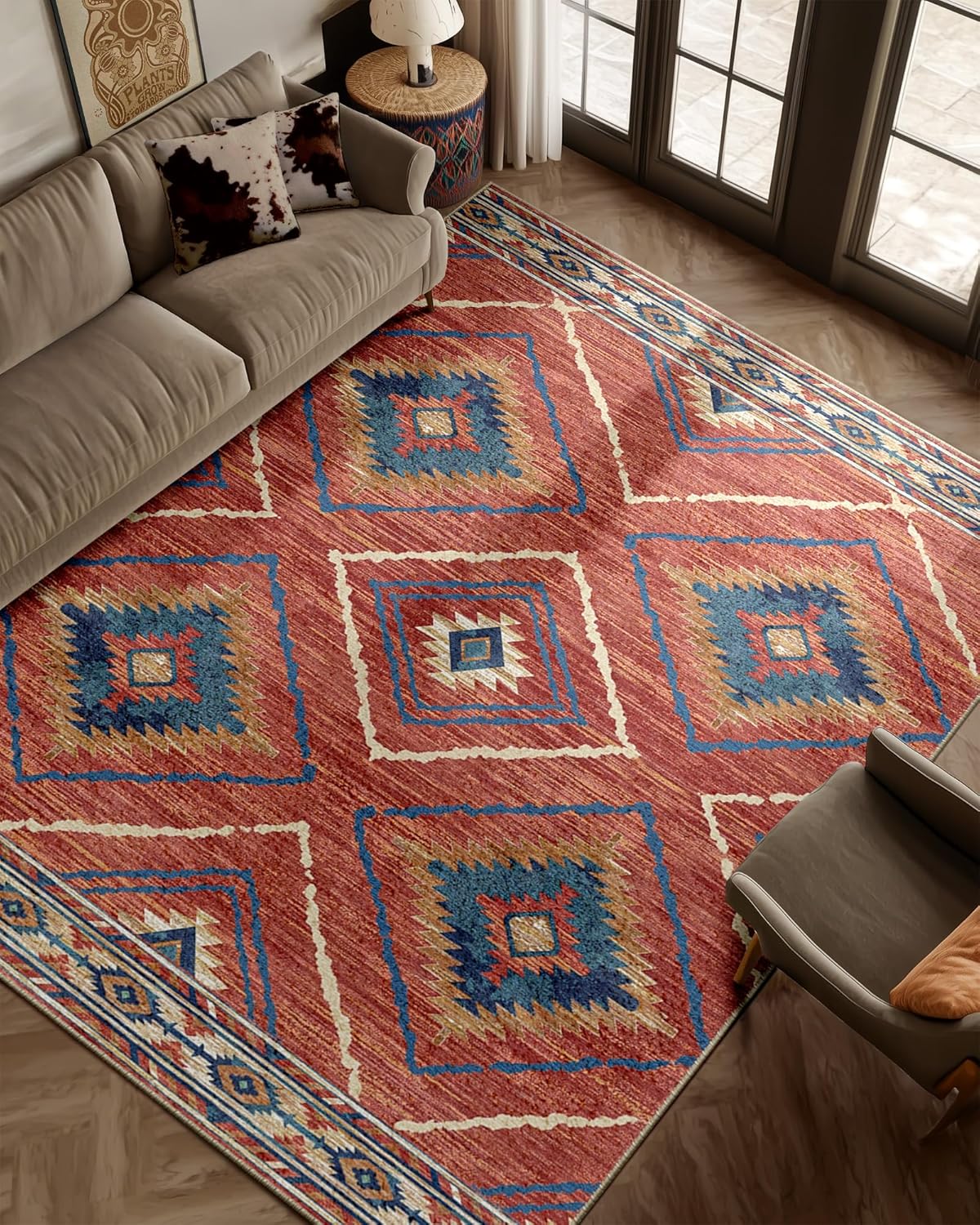 Area Rug 8x10 Rug Machine Washable Non-Slip Low Pile Print Pattern Western Rug for Living Room Bedroom Entryway Tribal Series -Cream/Camel