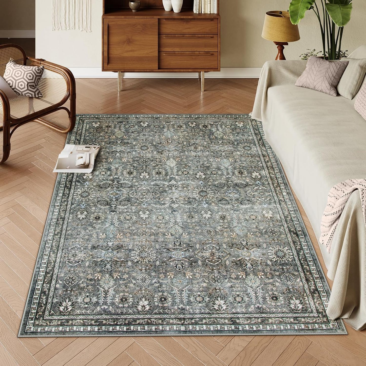 Lahome Green 8x10 Rugs for Living Room, Boho Washable Area Rugs for Bedroom, Rubber Backed Non Slip Floor Carpets for Dining Room Home Apartment, Dark Olive Green