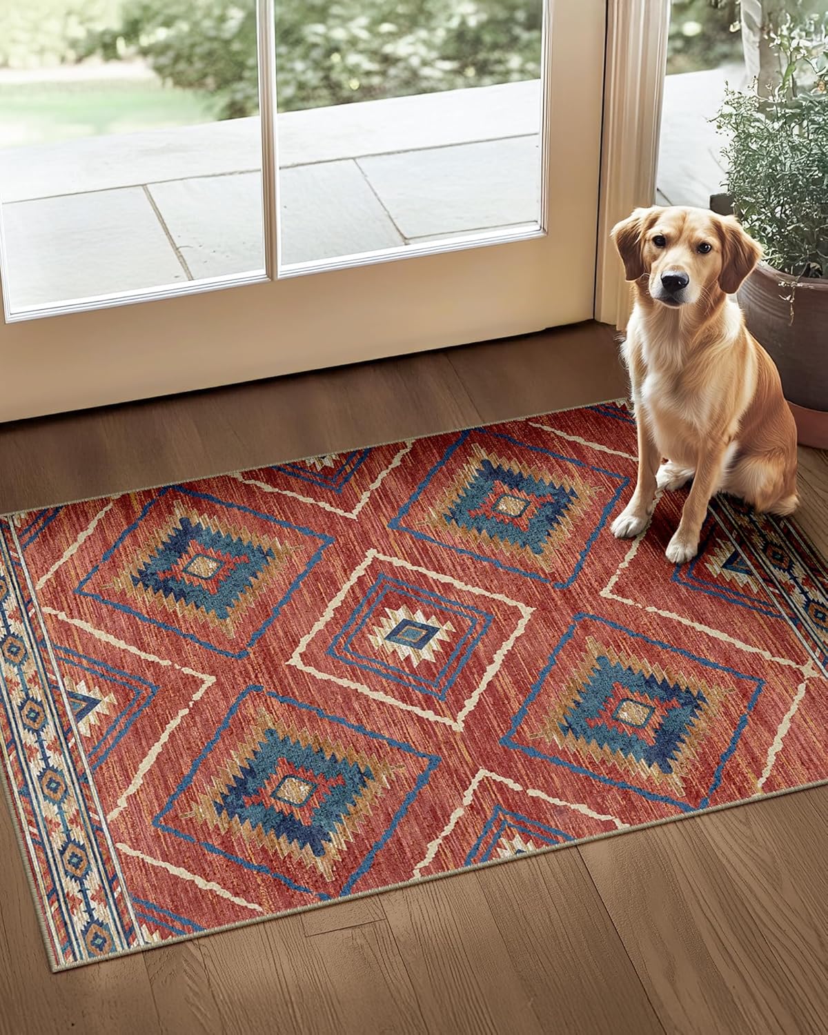 Area Rug 8x10 Rug Machine Washable Non-Slip Low Pile Print Pattern Western Rug for Living Room Bedroom Entryway Tribal Series -Cream/Camel