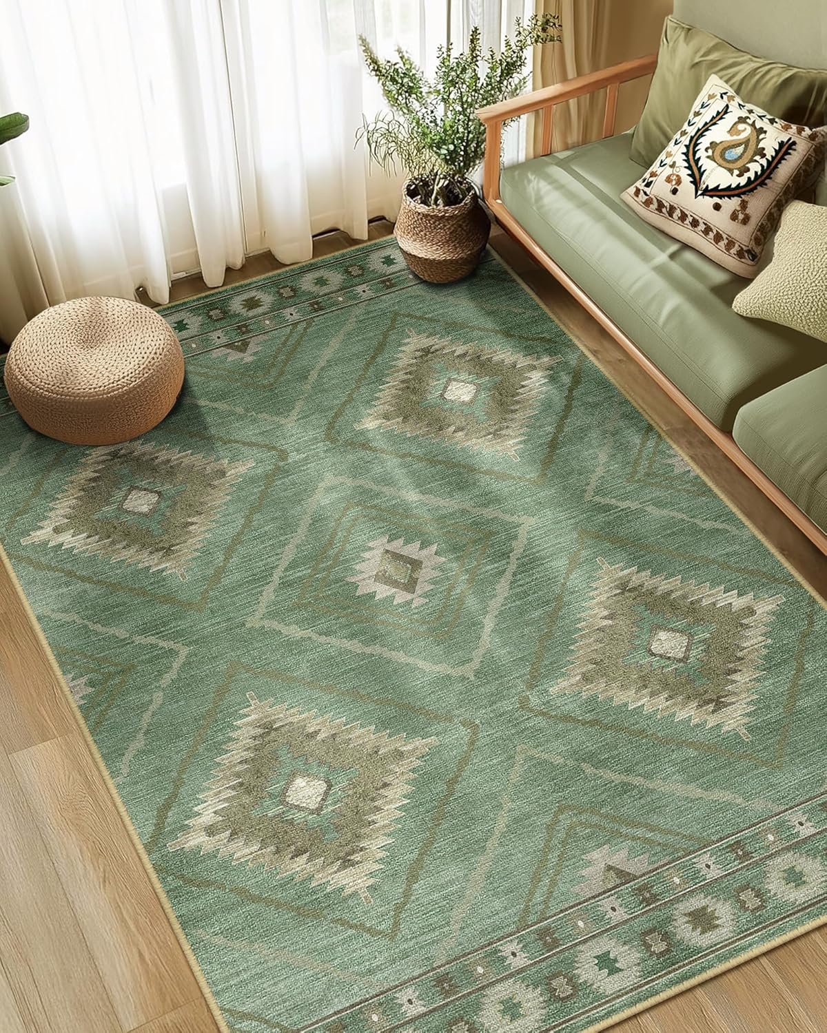 Area Rug 8x10 Rug Machine Washable Non-Slip Low Pile Print Pattern Western Rug for Living Room Bedroom Entryway Tribal Series -Cream/Camel