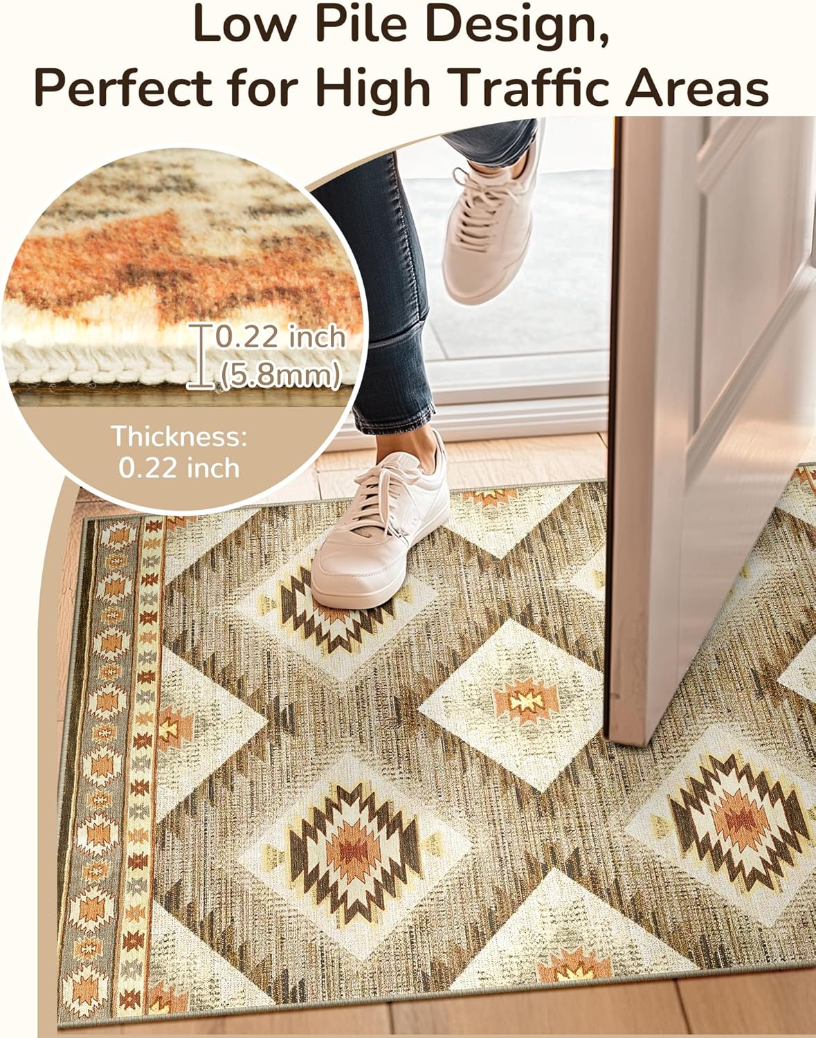 Area Rug 8x10 Rug Machine Washable Non-Slip Low Pile Print Pattern Western Rug for Living Room Bedroom Entryway Tribal Series -Cream/Camel