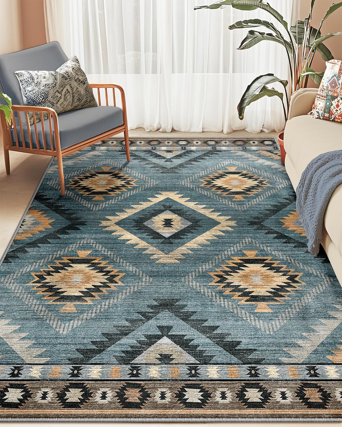 Area Rug 8x10 Rug Machine Washable Non-Slip Low Pile Print Pattern Western Rug for Living Room Bedroom Entryway Tribal Series -Cream/Camel