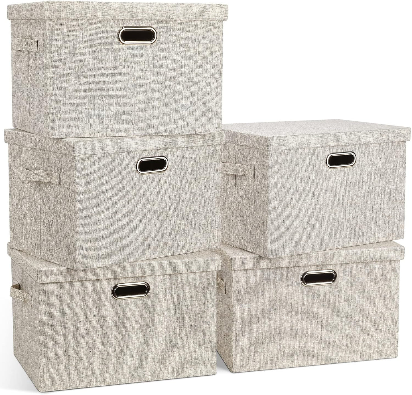 Large 17" 36 Quart Collapsible Stackable Storage Bins with Lids, 3 Packs Beige Linen Fabric Closet Boxes with Lids, Storage Cube Baskets Container Organizers for Bedroom Office(17 x12 x11)