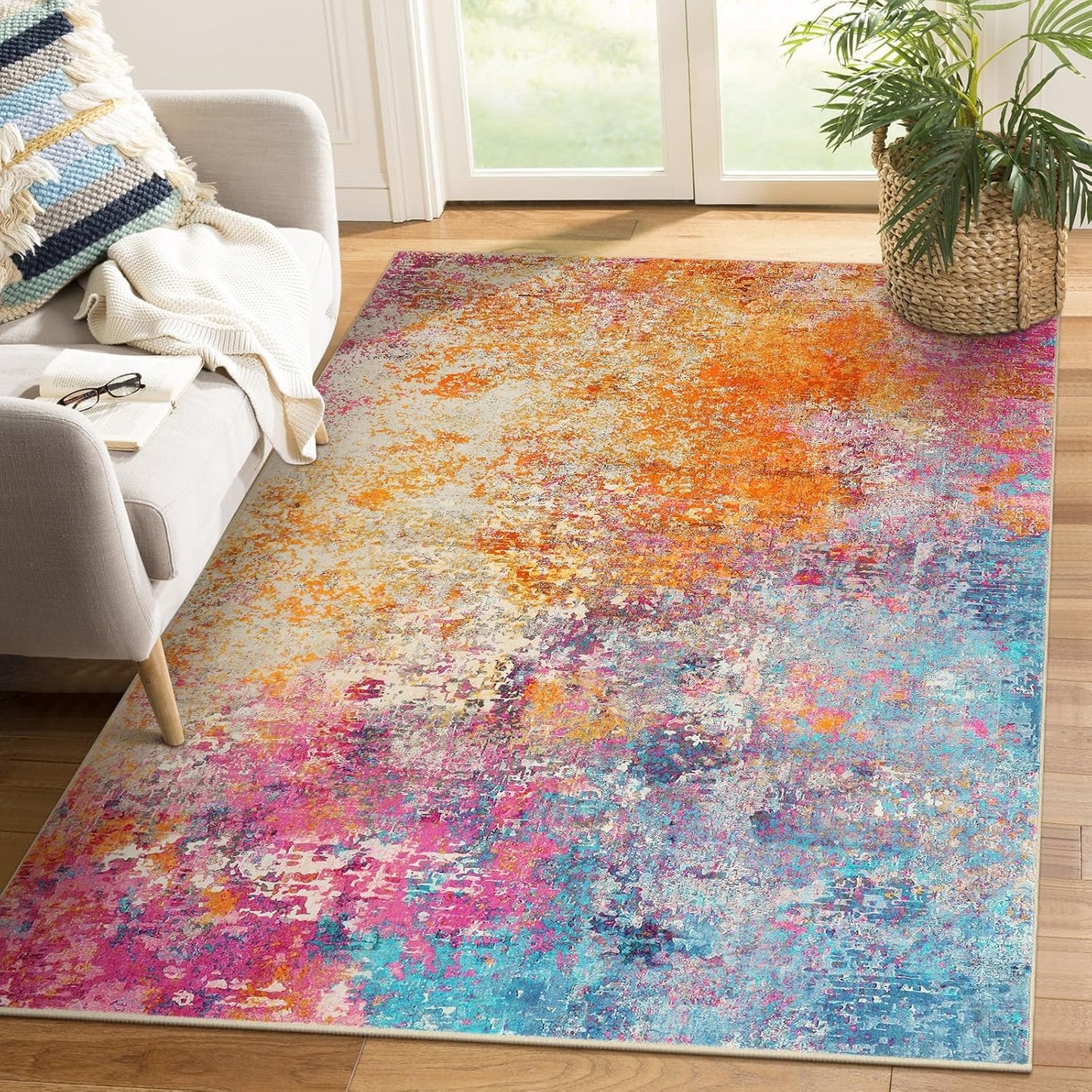 Lahome Modern Abstract Living Room Rug 8x10, Washable 8x10 Area Rugs for Bedroom Stain Resistant Non Slip, Large Red Soft Indoor Carpet for Dining Room Table Home Decor