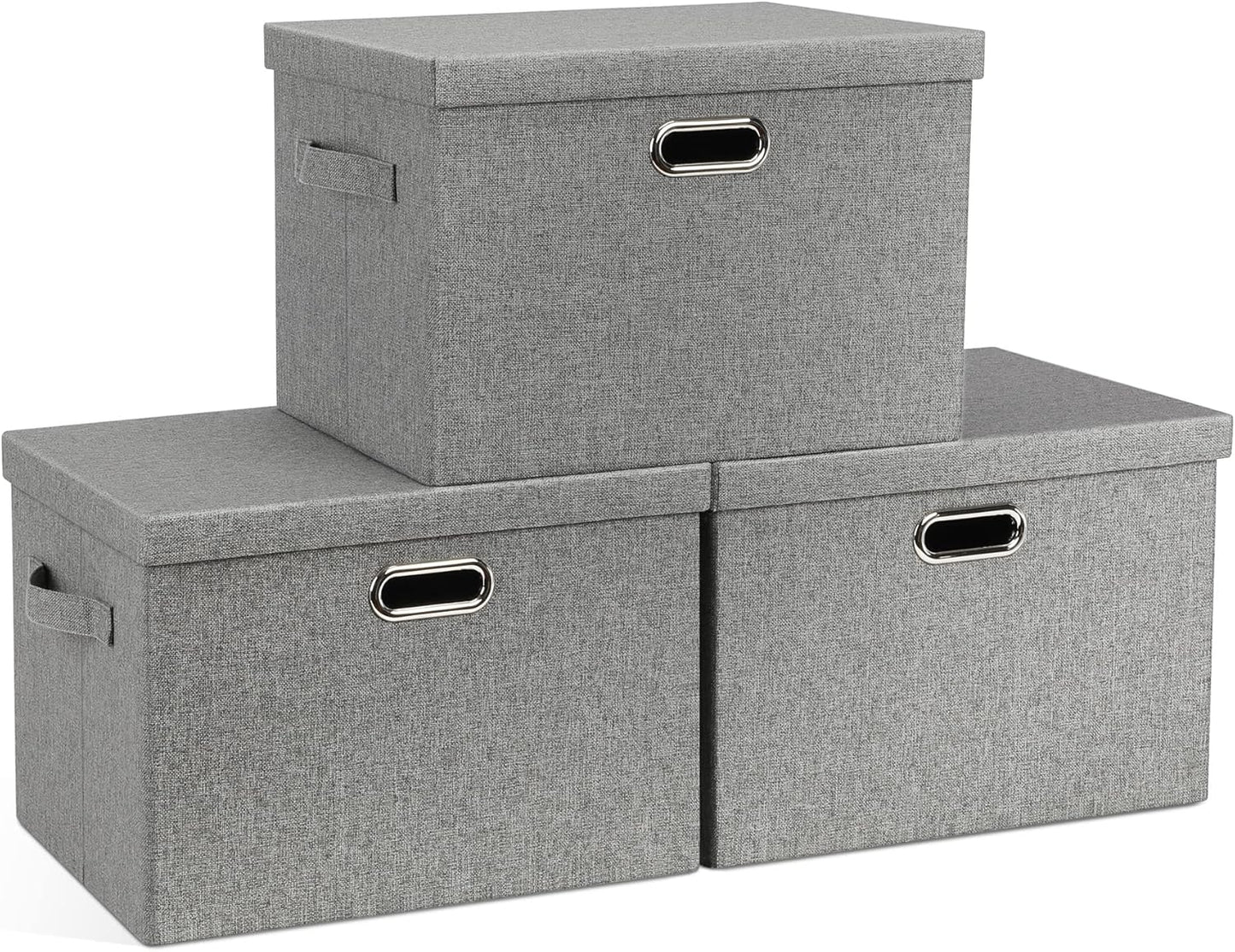 Large 17" 36 Quart Collapsible Stackable Storage Bins with Lids, 3 Packs Beige Linen Fabric Closet Boxes with Lids, Storage Cube Baskets Container Organizers for Bedroom Office(17 x12 x11)