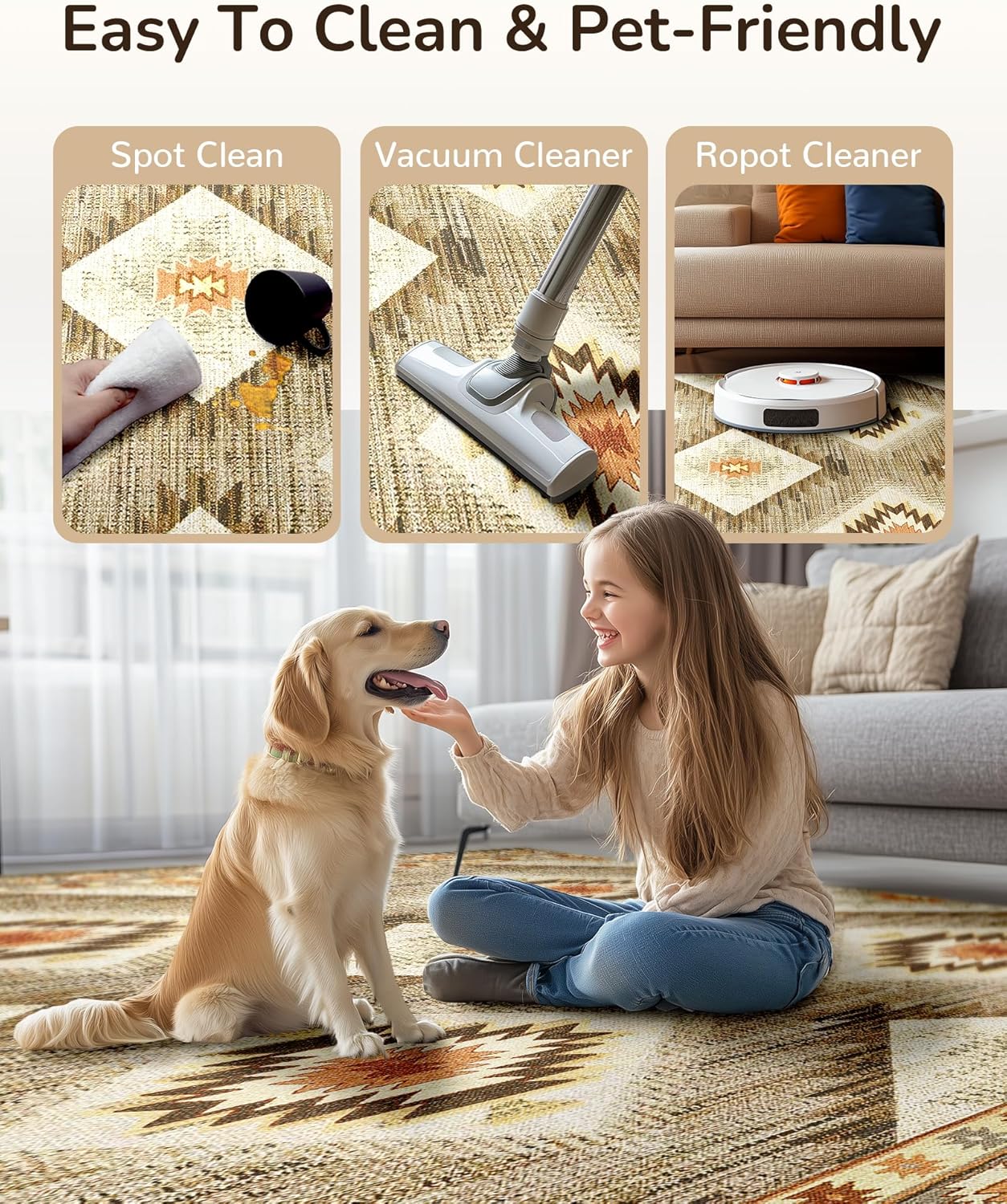 Area Rug 8x10 Rug Machine Washable Non-Slip Low Pile Print Pattern Western Rug for Living Room Bedroom Entryway Tribal Series -Cream/Camel