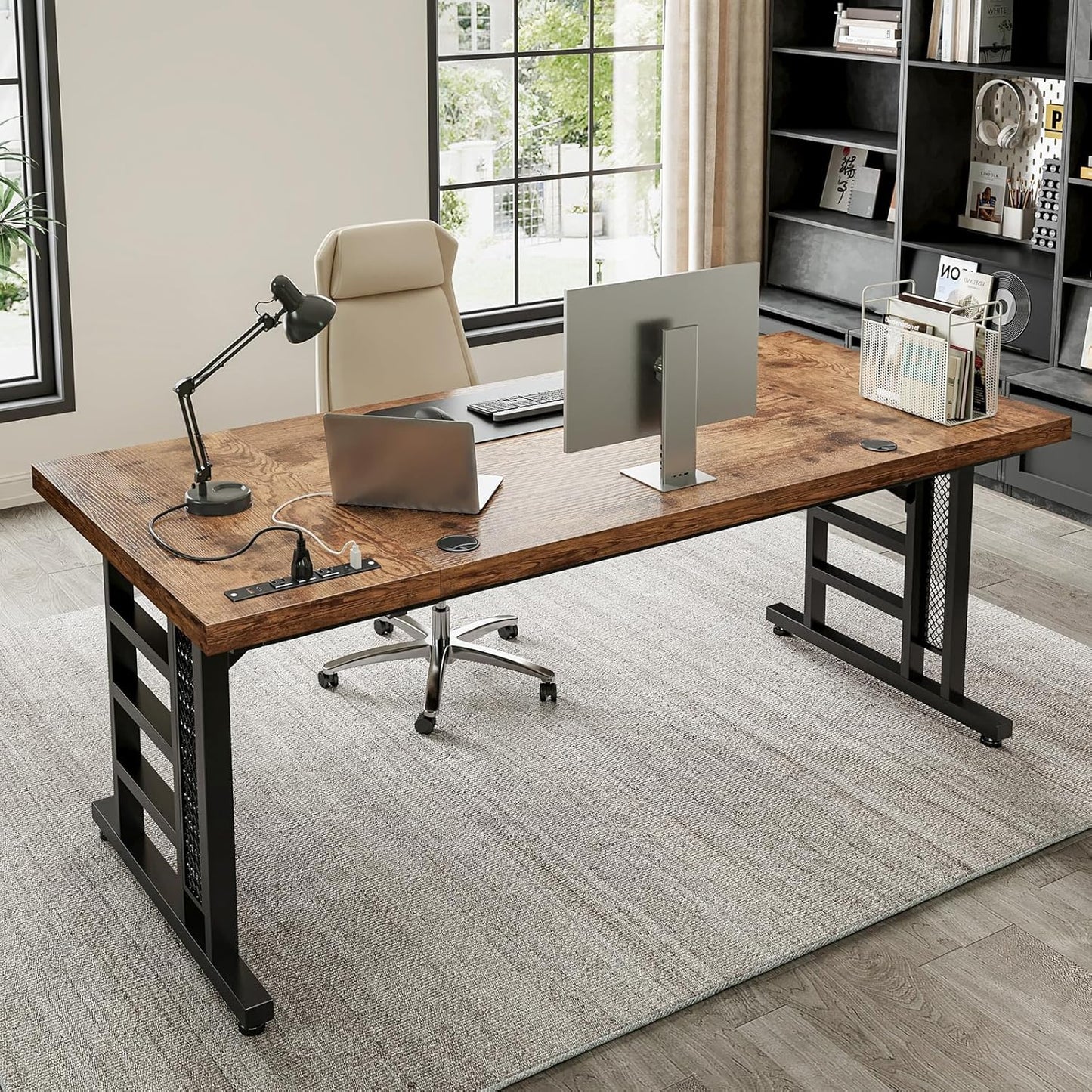 Coleshome 71 Inch Executive Desk with USB Ports, Computer Office Desk, Large Mordern Writing Table, Workstation Business Furniture for Home Office, Black