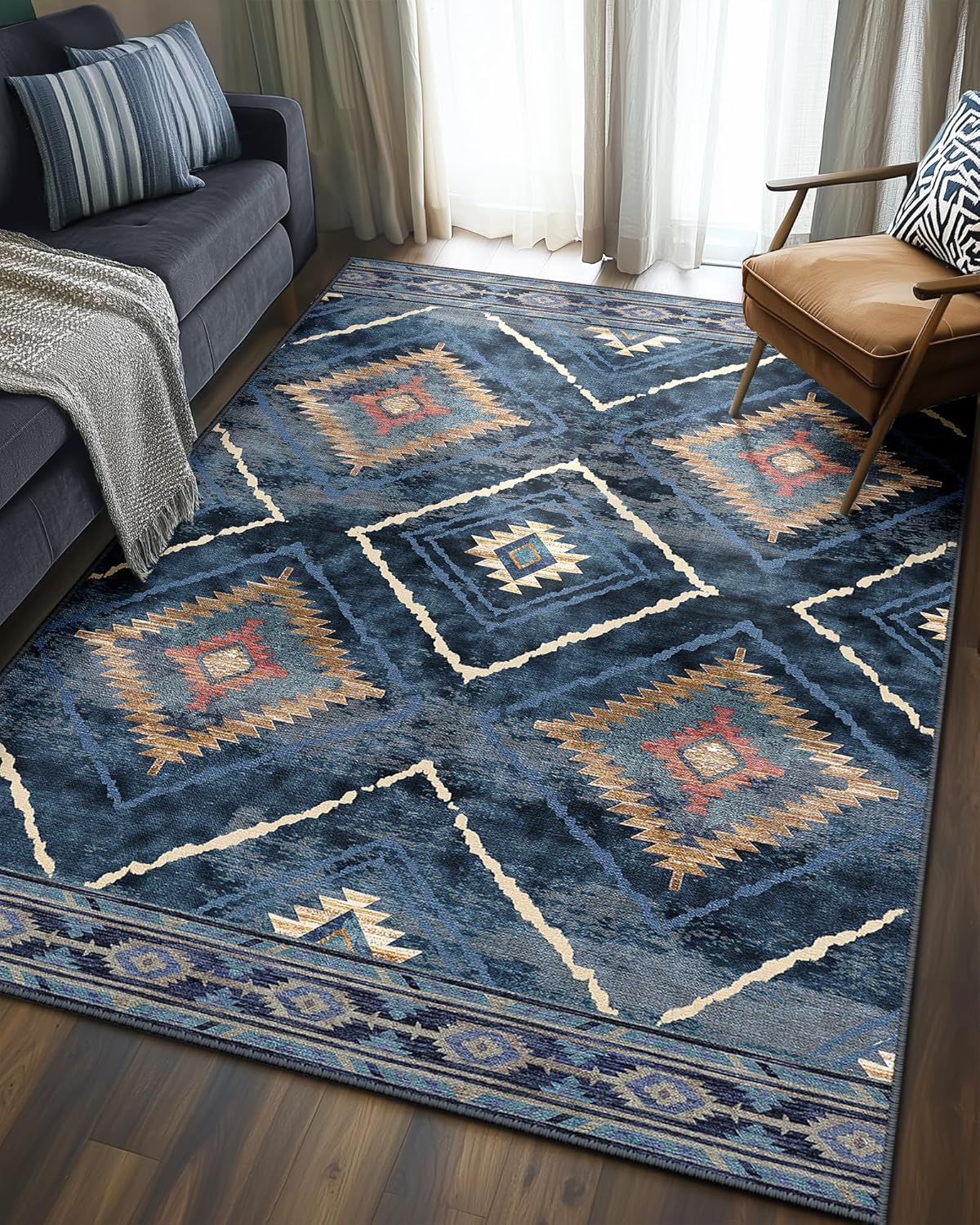 Area Rug 8x10 Rug Machine Washable Non-Slip Low Pile Print Pattern Western Rug for Living Room Bedroom Entryway Tribal Series -Cream/Camel