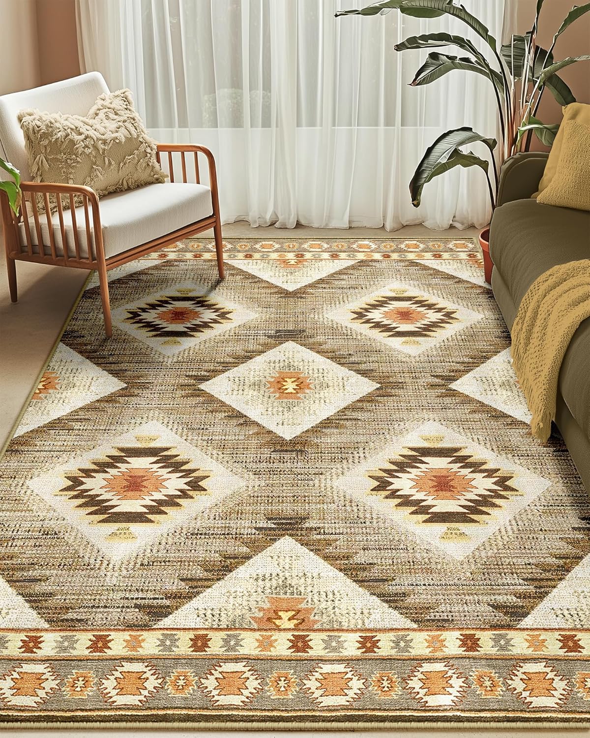 Area Rug 8x10 Rug Machine Washable Non-Slip Low Pile Print Pattern Western Rug for Living Room Bedroom Entryway Tribal Series -Cream/Camel