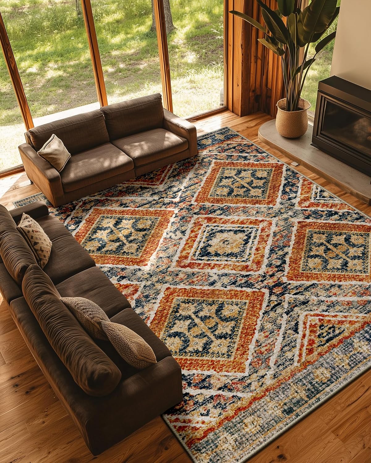 Area Rug 8x10 Rug Machine Washable Non-Slip Low Pile Print Pattern Western Rug for Living Room Bedroom Entryway Tribal Series -Cream/Camel