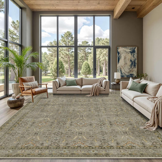 9x12 Area Rugs for Living Room Bedroom, Large Washable Rug, Vintage Floral Boho Rug, Non Slip & Low Pile Faux Wool Thin Carpet for Indoor Dining Room and Kids Room(Olive Brown 9x12ft)