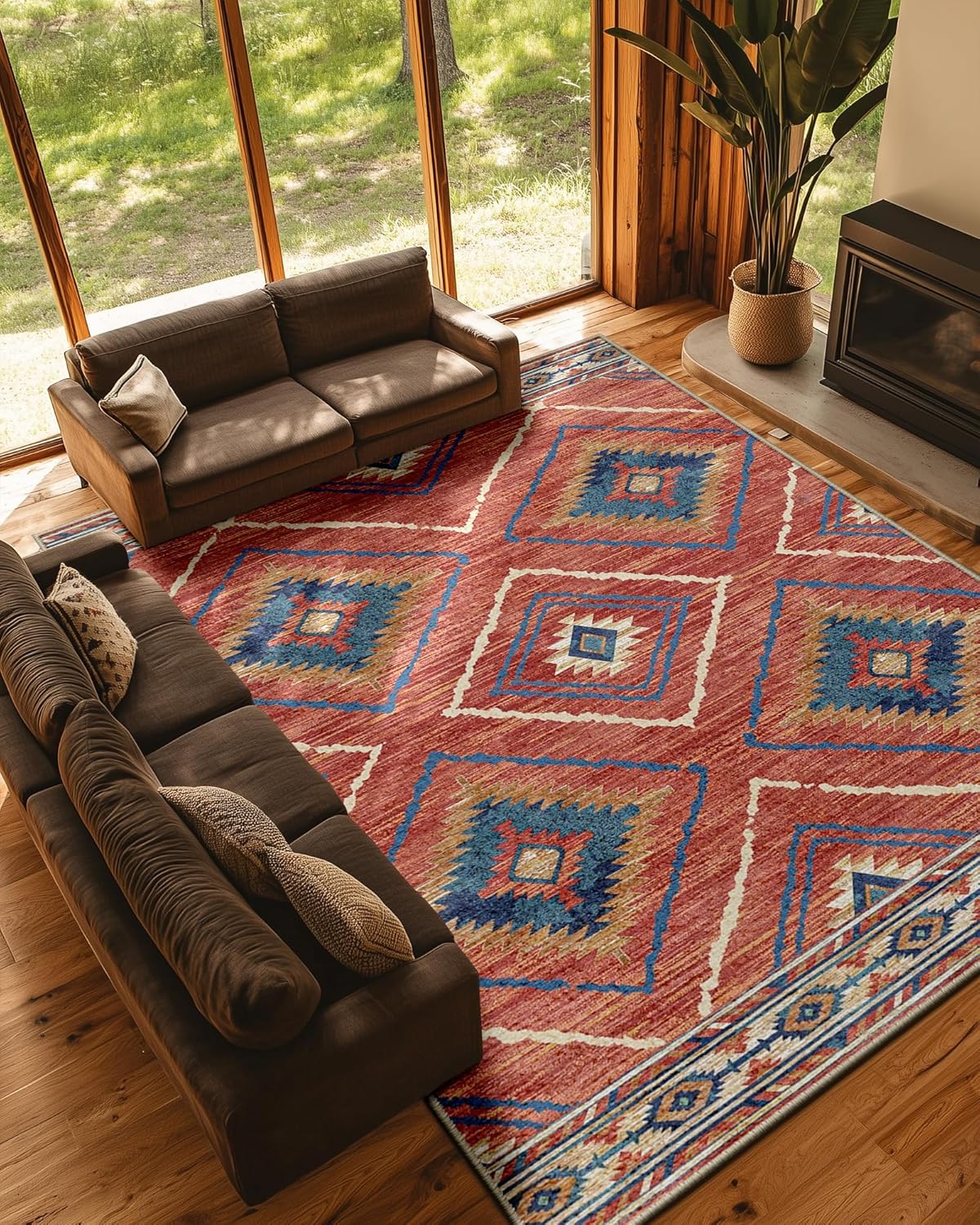 Area Rug 8x10 Rug Machine Washable Non-Slip Low Pile Print Pattern Western Rug for Living Room Bedroom Entryway Tribal Series -Cream/Camel