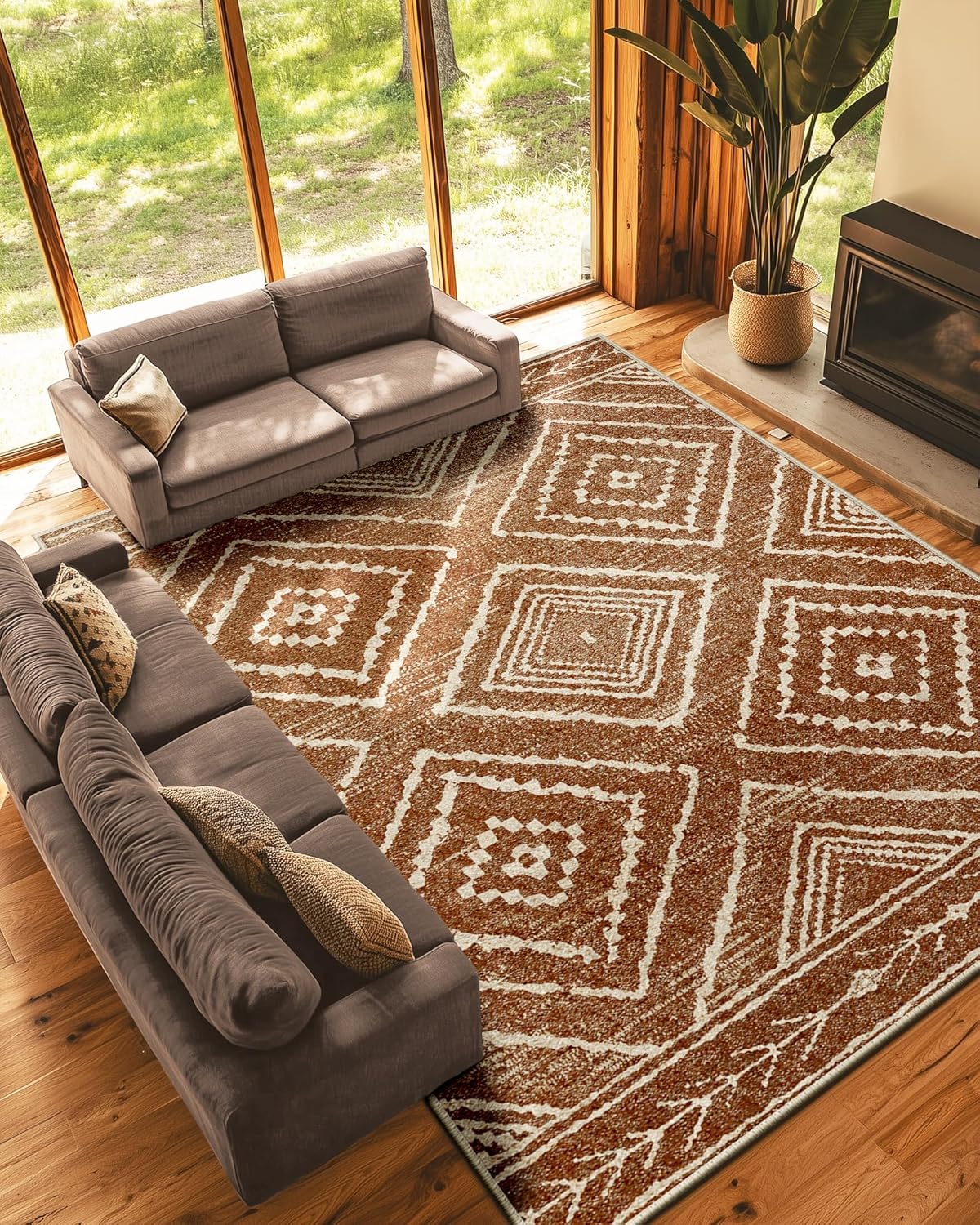 Area Rug 8x10 Rug Machine Washable Non-Slip Low Pile Print Pattern Western Rug for Living Room Bedroom Entryway Tribal Series -Cream/Camel