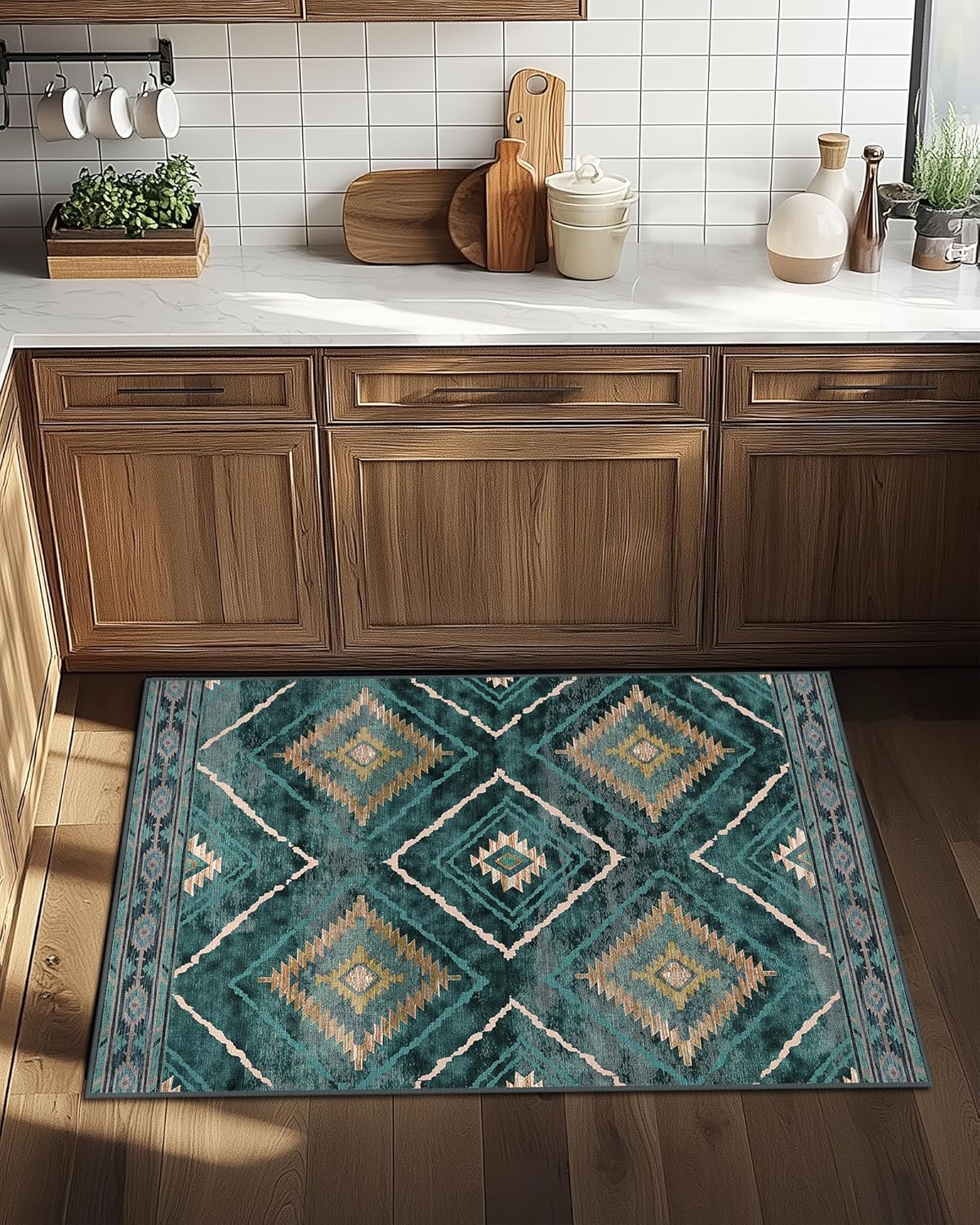 Area Rug 8x10 Rug Machine Washable Non-Slip Low Pile Print Pattern Western Rug for Living Room Bedroom Entryway Tribal Series -Cream/Camel