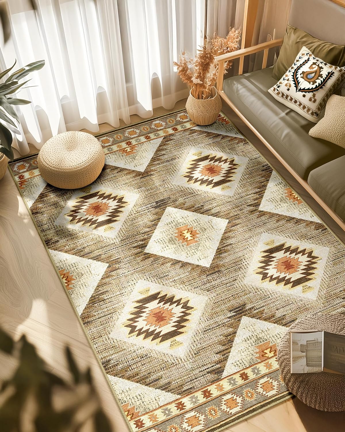 Area Rug 8x10 Rug Machine Washable Non-Slip Low Pile Print Pattern Western Rug for Living Room Bedroom Entryway Tribal Series -Cream/Camel