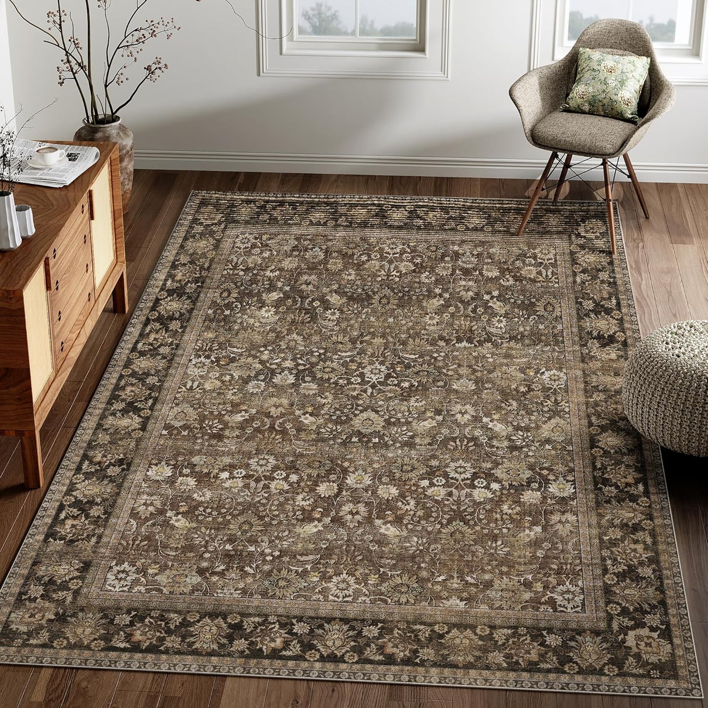 8x10 Machine Washable Rugs Brown Hallway Large Area Rug Indoor Accent Rug Floral Low Pile Carpet Soft Throw Aesthetic Rug Bedroom Living Room Office Dining Room Kitchen Laundry Room