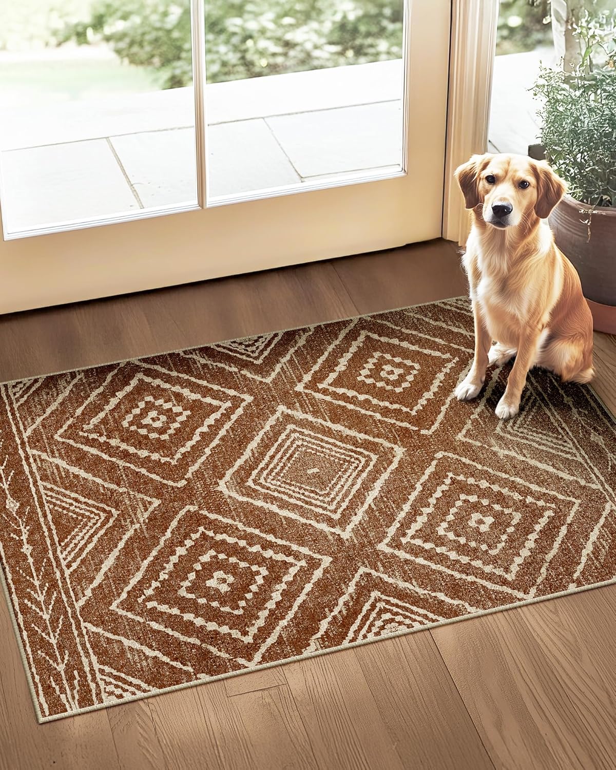 Area Rug 8x10 Rug Machine Washable Non-Slip Low Pile Print Pattern Western Rug for Living Room Bedroom Entryway Tribal Series -Cream/Camel