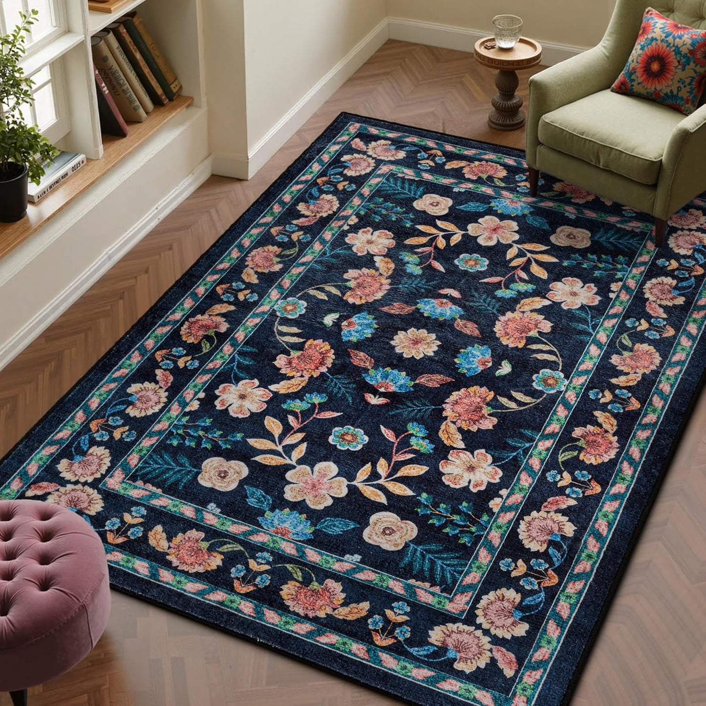 8x10 Machine Washable Rugs Brown Hallway Large Area Rug Indoor Accent Rug Floral Low Pile Carpet Soft Throw Aesthetic Rug Bedroom Living Room Office Dining Room Kitchen Laundry Room