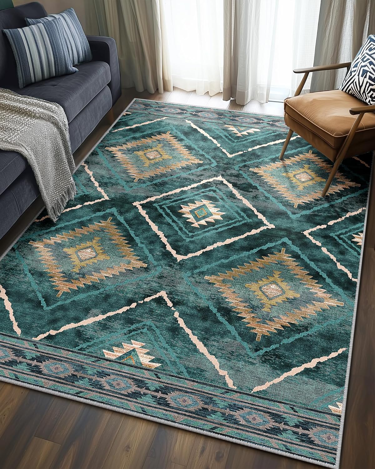 Area Rug 8x10 Rug Machine Washable Non-Slip Low Pile Print Pattern Western Rug for Living Room Bedroom Entryway Tribal Series -Cream/Camel