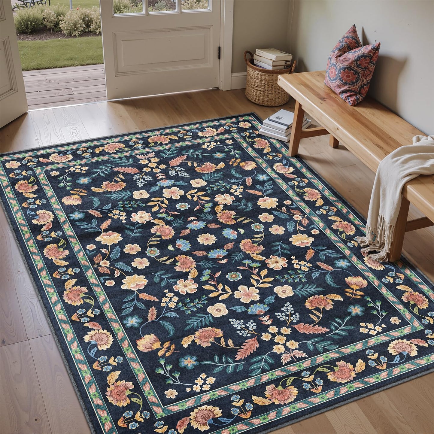 8x10 Machine Washable Rugs Brown Hallway Large Area Rug Indoor Accent Rug Floral Low Pile Carpet Soft Throw Aesthetic Rug Bedroom Living Room Office Dining Room Kitchen Laundry Room