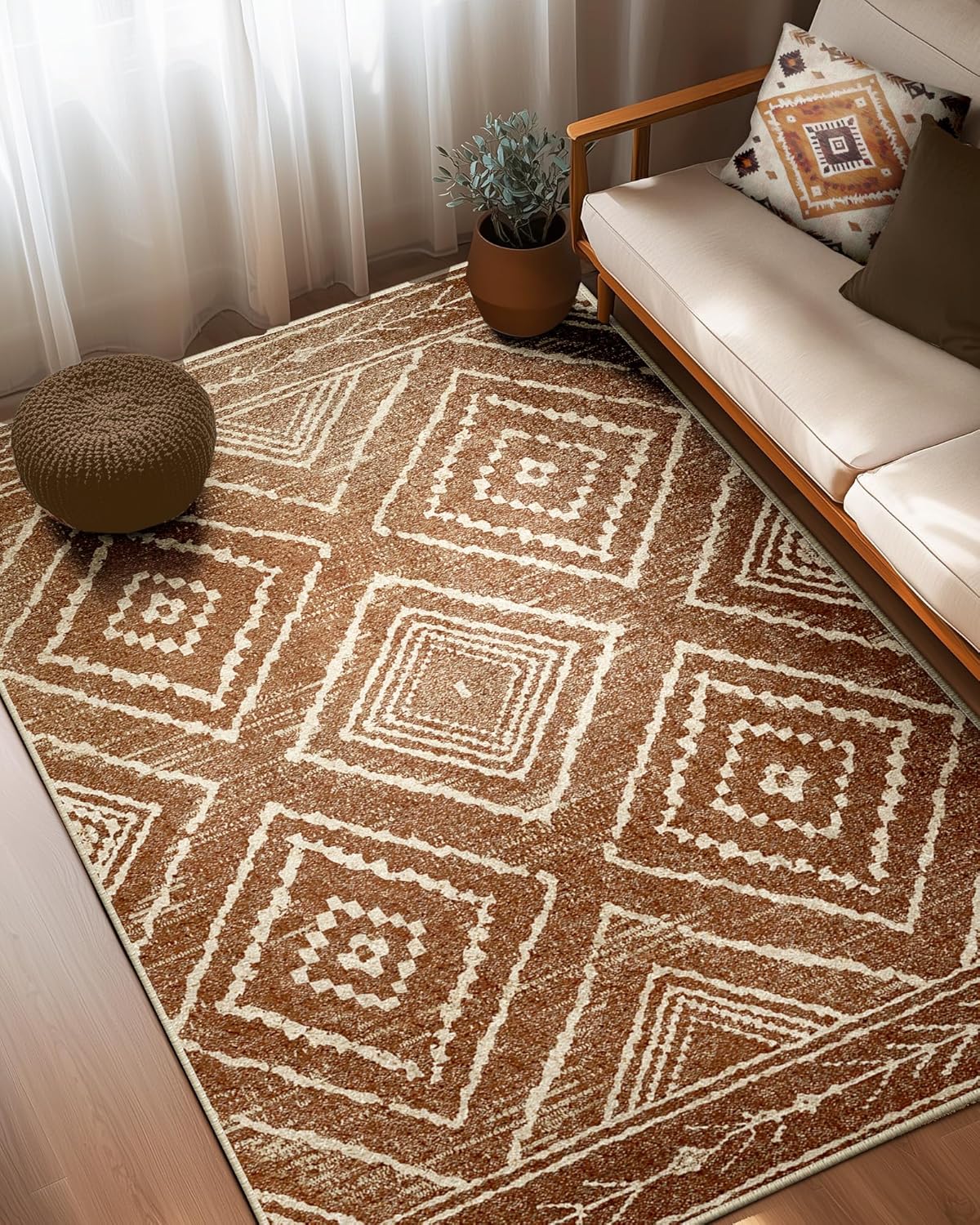 Area Rug 8x10 Rug Machine Washable Non-Slip Low Pile Print Pattern Western Rug for Living Room Bedroom Entryway Tribal Series -Cream/Camel