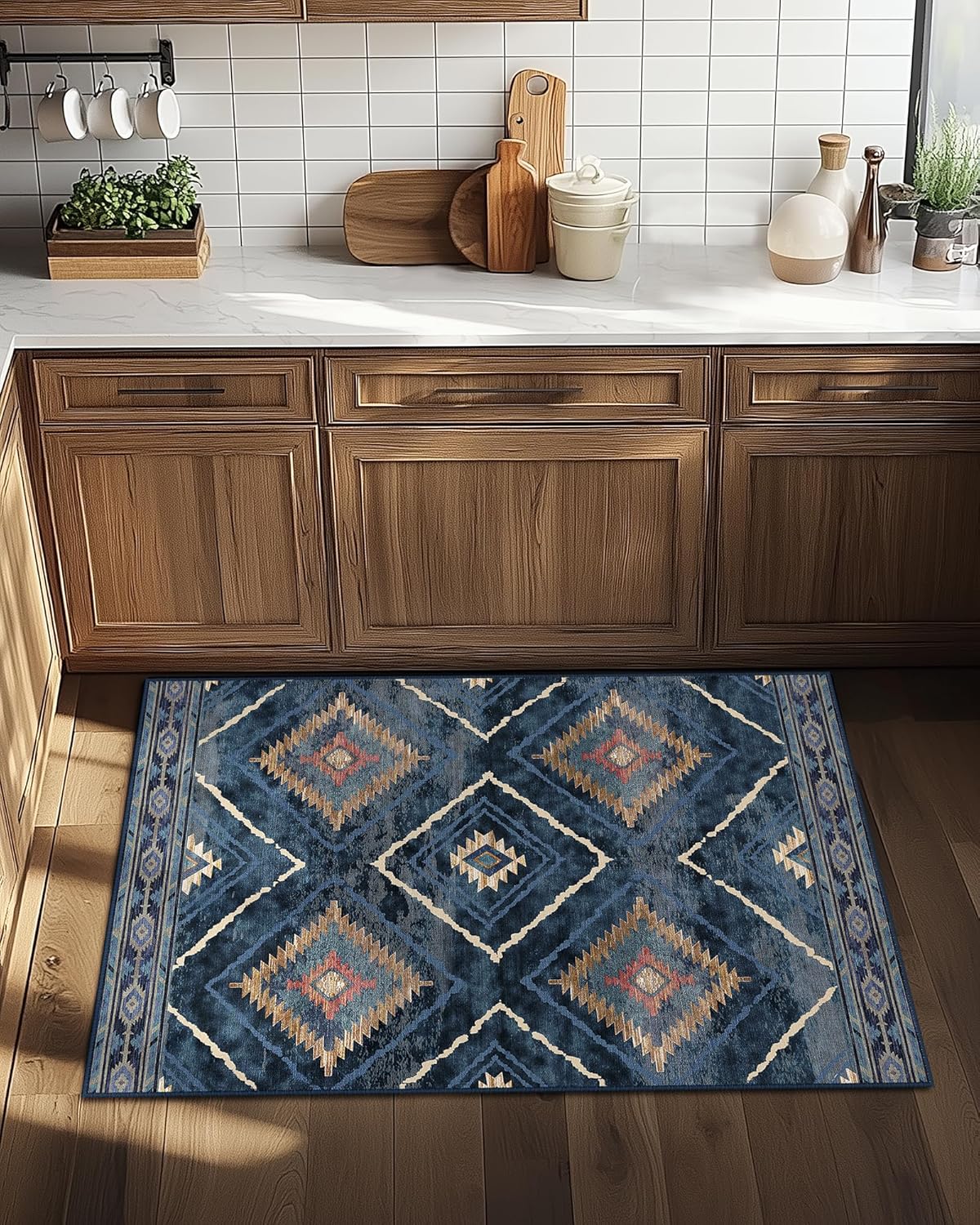 Area Rug 8x10 Rug Machine Washable Non-Slip Low Pile Print Pattern Western Rug for Living Room Bedroom Entryway Tribal Series -Cream/Camel