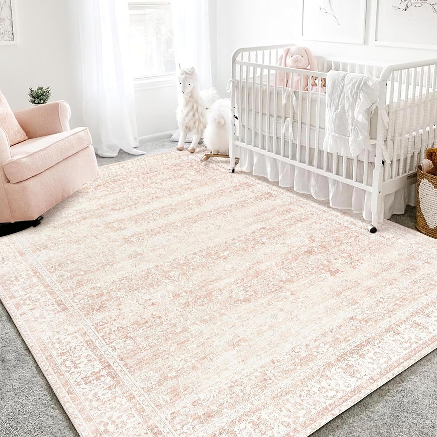 Pink Area Rug for Living Room Soft Washable Faux Wool Neutral Boho Floral Big Nursery Bed Bedroom Livingroom Carpet Size Extra Large Area Rugs 8x10