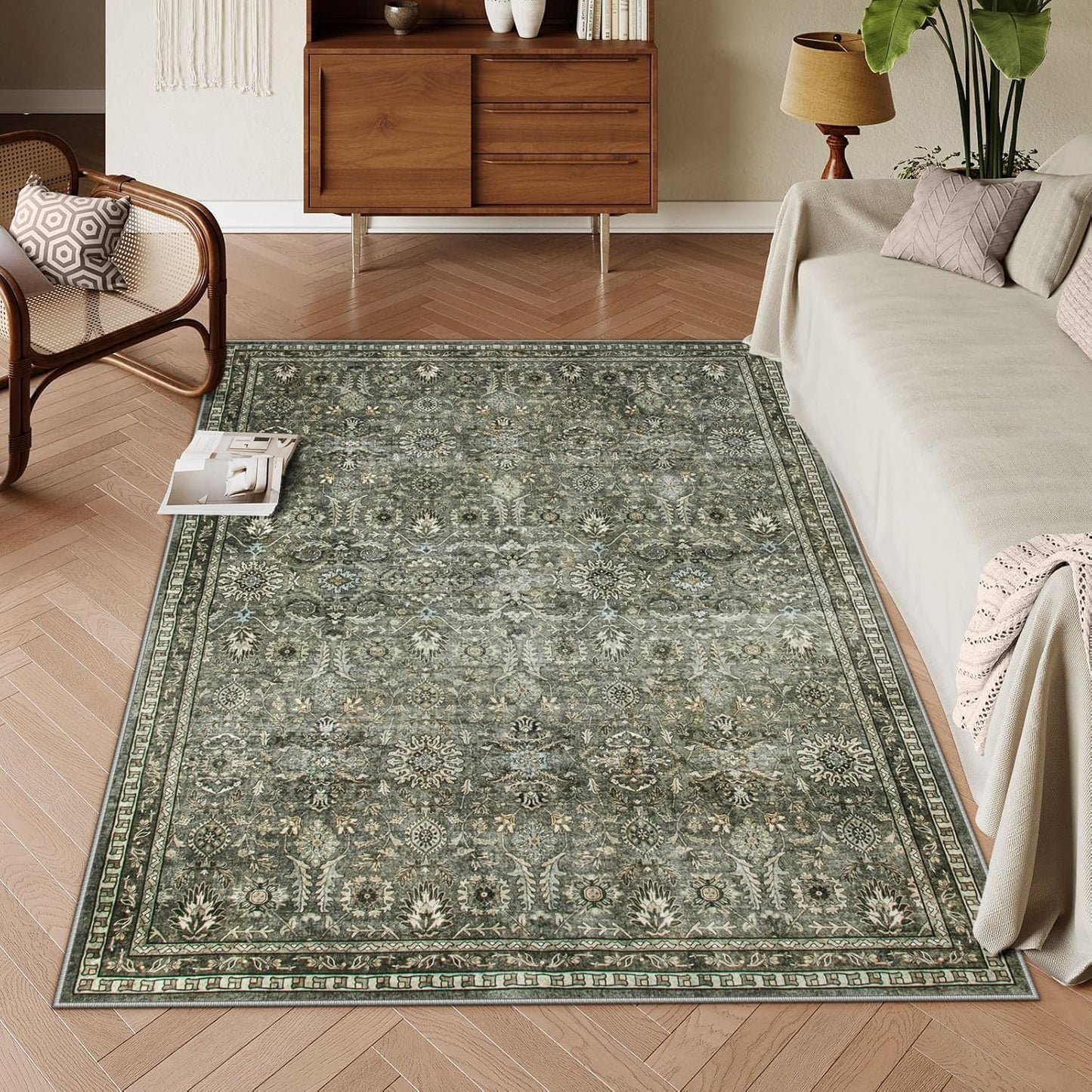 Lahome Green 8x10 Rugs for Living Room, Boho Washable Area Rugs for Bedroom, Rubber Backed Non Slip Floor Carpets for Dining Room Home Apartment, Dark Olive Green