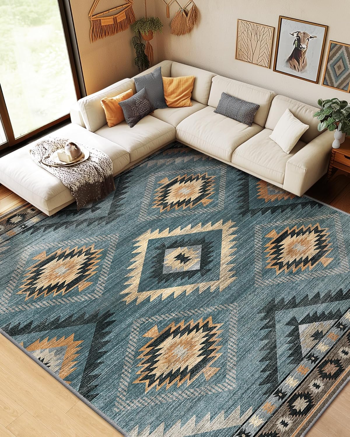 Area Rug 8x10 Rug Machine Washable Non-Slip Low Pile Print Pattern Western Rug for Living Room Bedroom Entryway Tribal Series -Cream/Camel