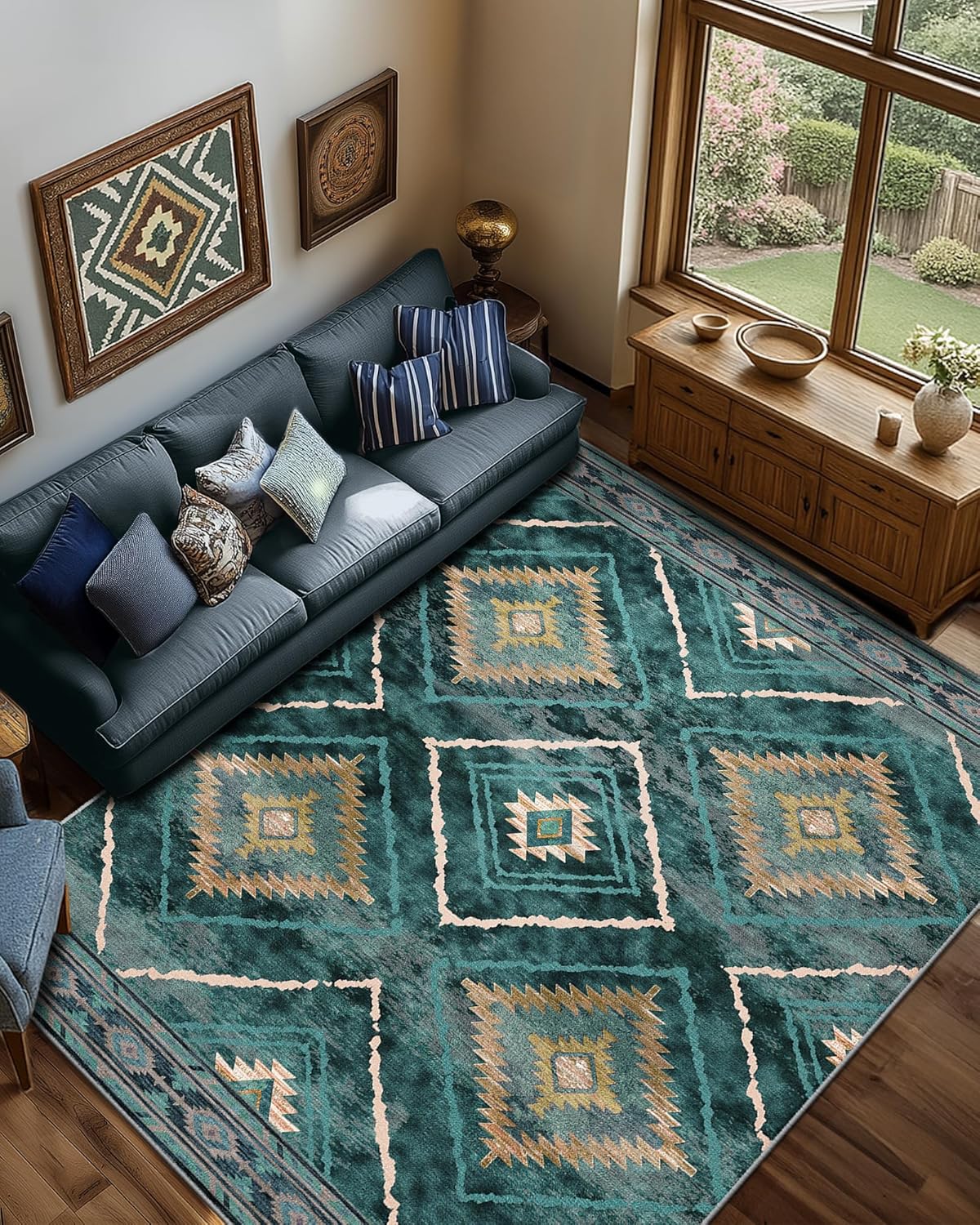 Area Rug 8x10 Rug Machine Washable Non-Slip Low Pile Print Pattern Western Rug for Living Room Bedroom Entryway Tribal Series -Cream/Camel