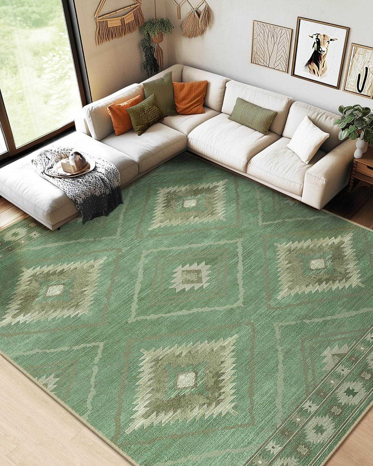 Area Rug 8x10 Rug Machine Washable Non-Slip Low Pile Print Pattern Western Rug for Living Room Bedroom Entryway Tribal Series -Cream/Camel