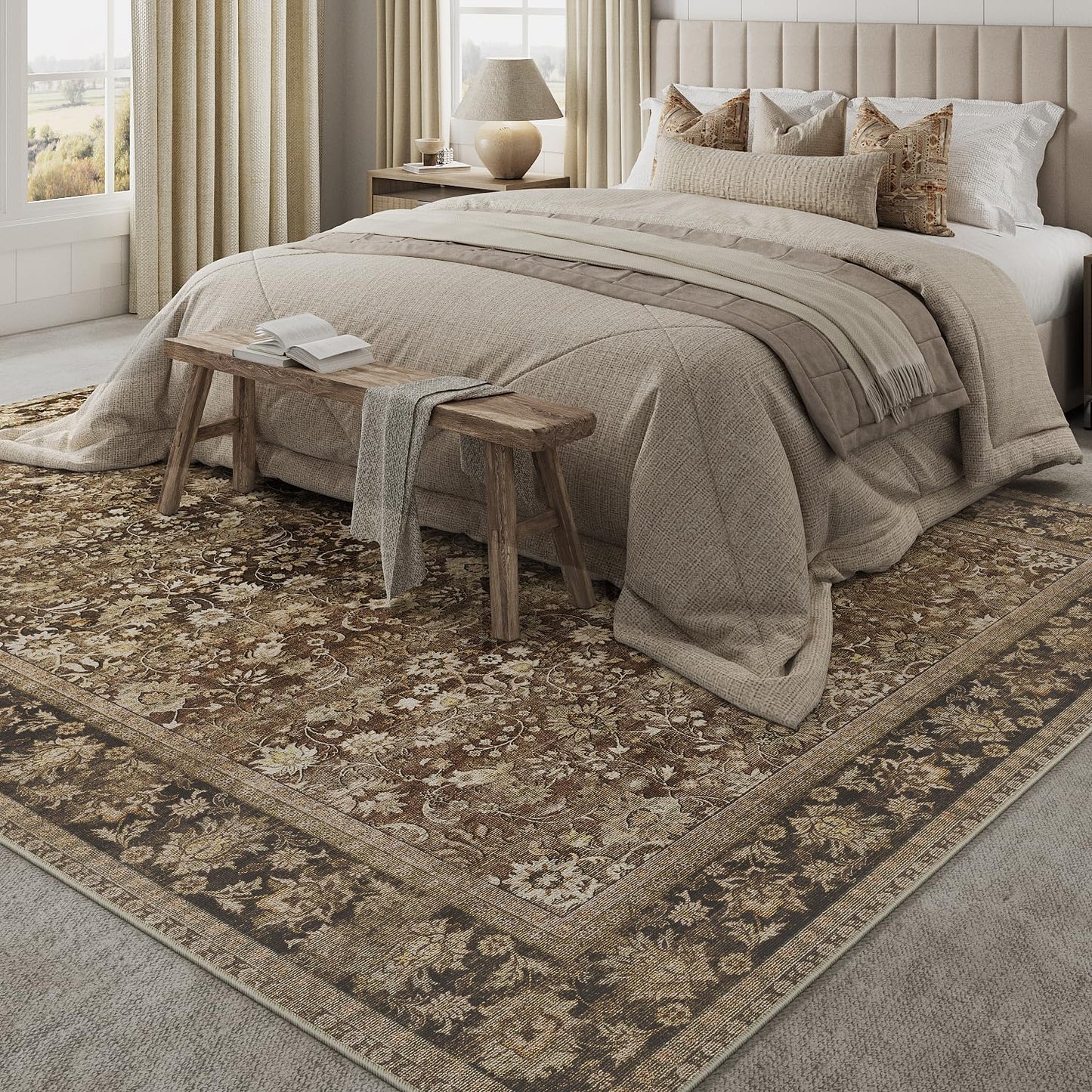8x10 Machine Washable Rugs Brown Hallway Large Area Rug Indoor Accent Rug Floral Low Pile Carpet Soft Throw Aesthetic Rug Bedroom Living Room Office Dining Room Kitchen Laundry Room