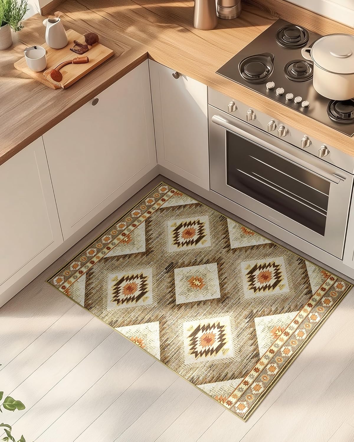 Area Rug 8x10 Rug Machine Washable Non-Slip Low Pile Print Pattern Western Rug for Living Room Bedroom Entryway Tribal Series -Cream/Camel