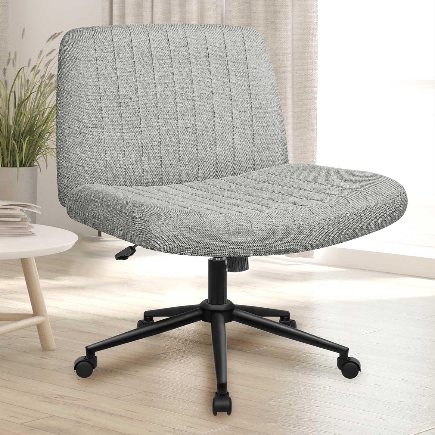 NEO CHAIR Criss Cross Wide Chair Comfy No Wheels Armless Cross Legged Swivel Office Vanity Desk Chair Adjustable Computer Task for Home Office Fabric (Ivory)