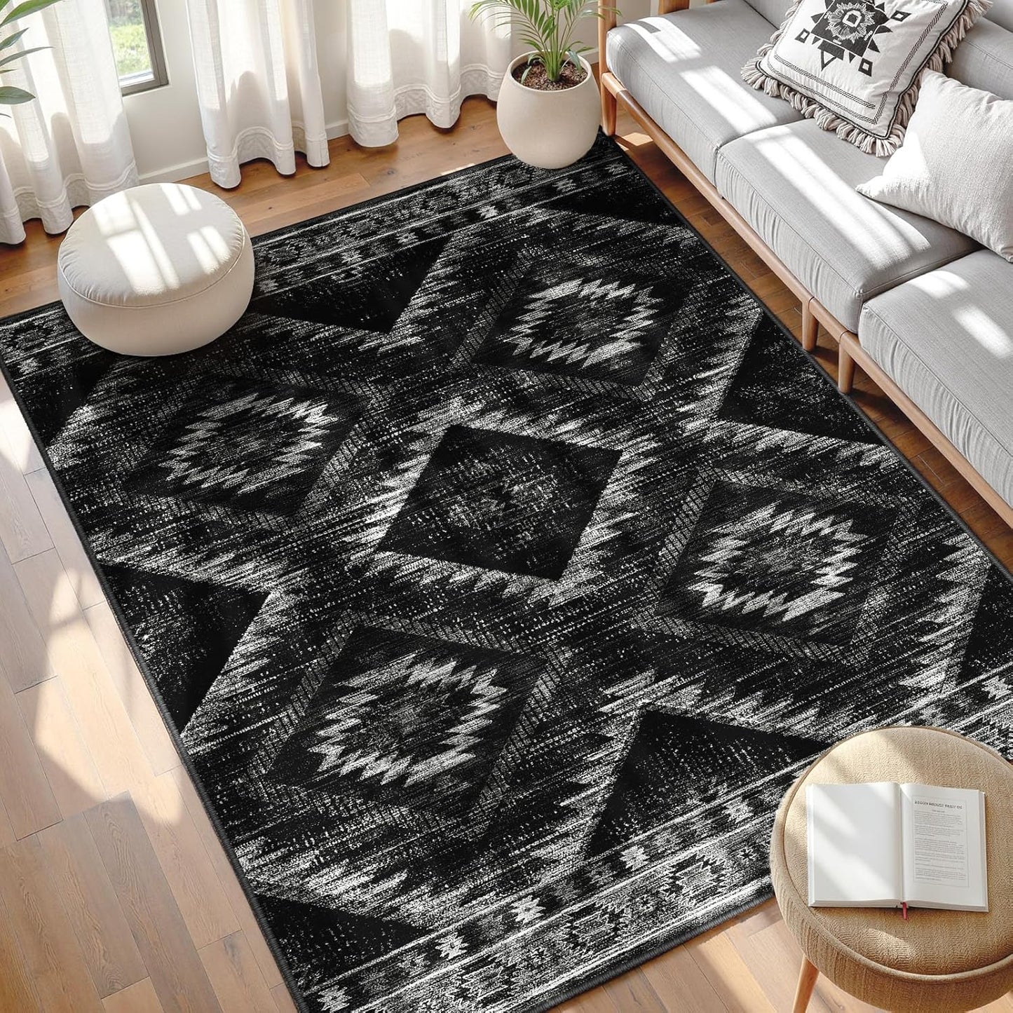 Area Rug 8x10 Rug Machine Washable Non-Slip Low Pile Print Pattern Western Rug for Living Room Bedroom Entryway Tribal Series -Cream/Camel