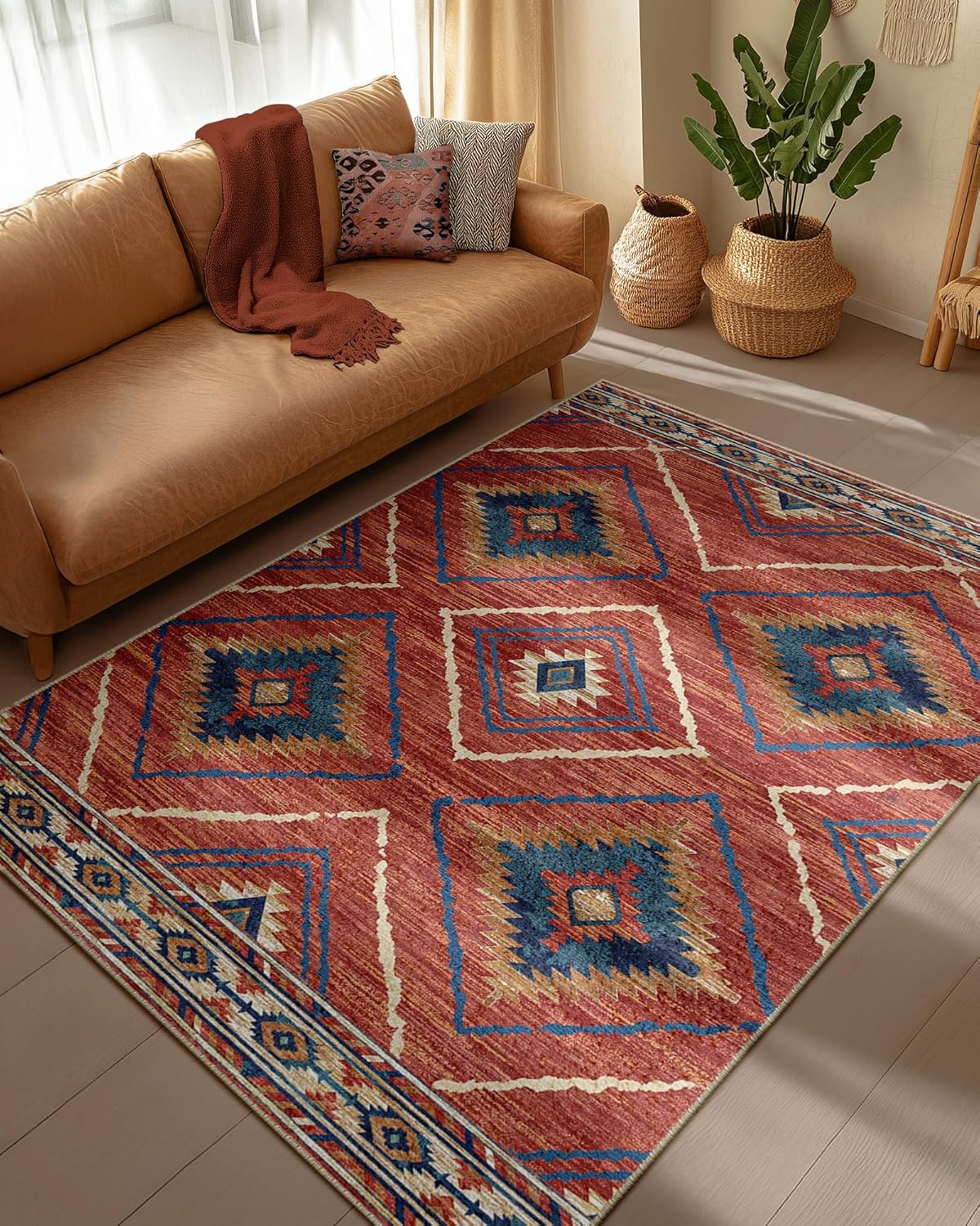 Area Rug 8x10 Rug Machine Washable Non-Slip Low Pile Print Pattern Western Rug for Living Room Bedroom Entryway Tribal Series -Cream/Camel