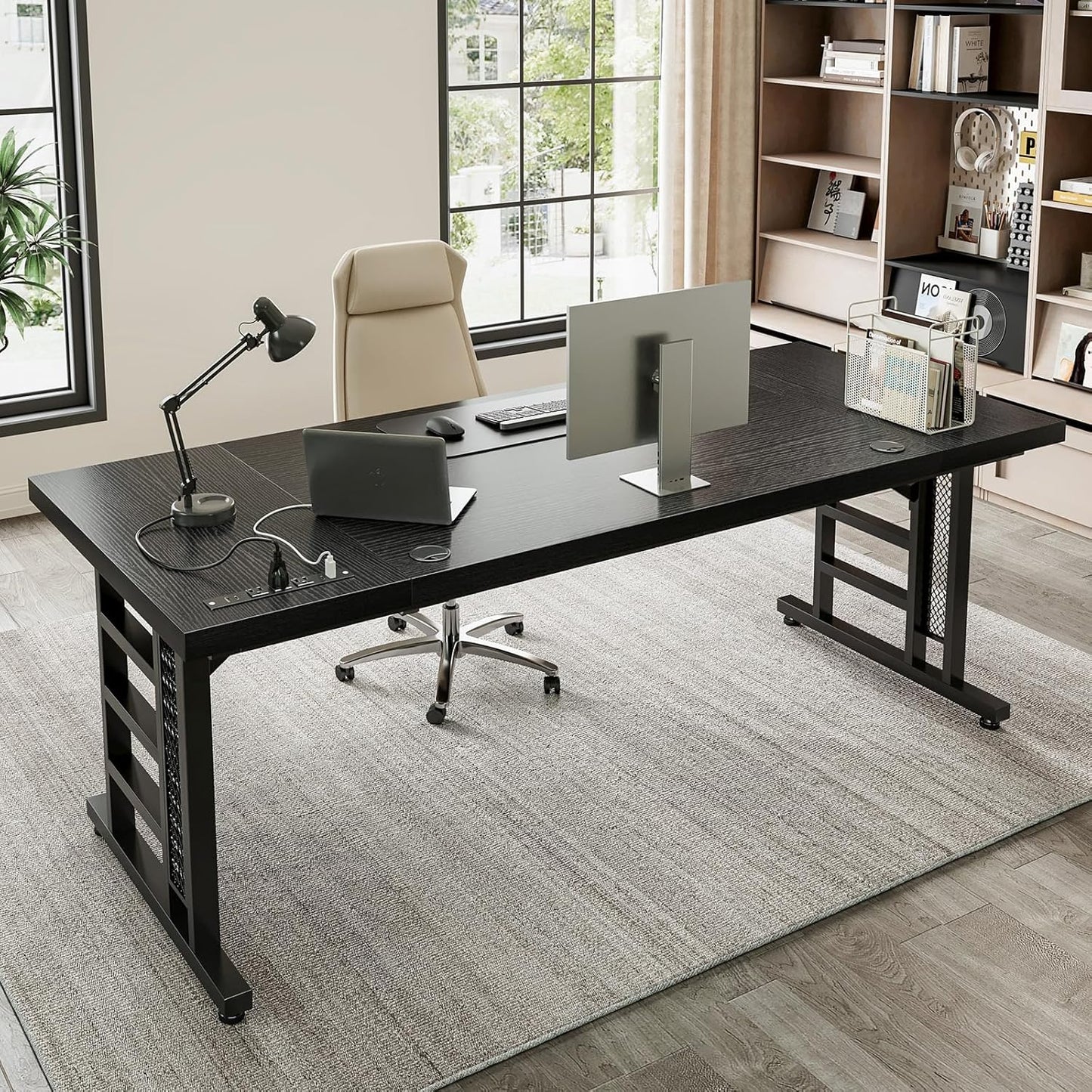 Coleshome 71 Inch Executive Desk with USB Ports, Computer Office Desk, Large Mordern Writing Table, Workstation Business Furniture for Home Office, Black