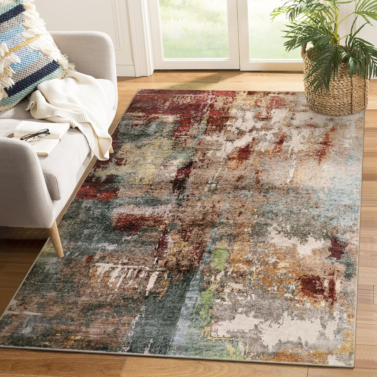 Lahome Modern Abstract Living Room Rug 8x10, Washable 8x10 Area Rugs for Bedroom Stain Resistant Non Slip, Large Red Soft Indoor Carpet for Dining Room Table Home Decor