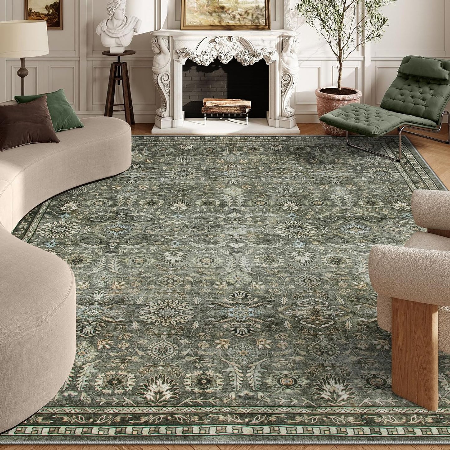 Lahome Green 8x10 Rugs for Living Room, Boho Washable Area Rugs for Bedroom, Rubber Backed Non Slip Floor Carpets for Dining Room Home Apartment, Dark Olive Green