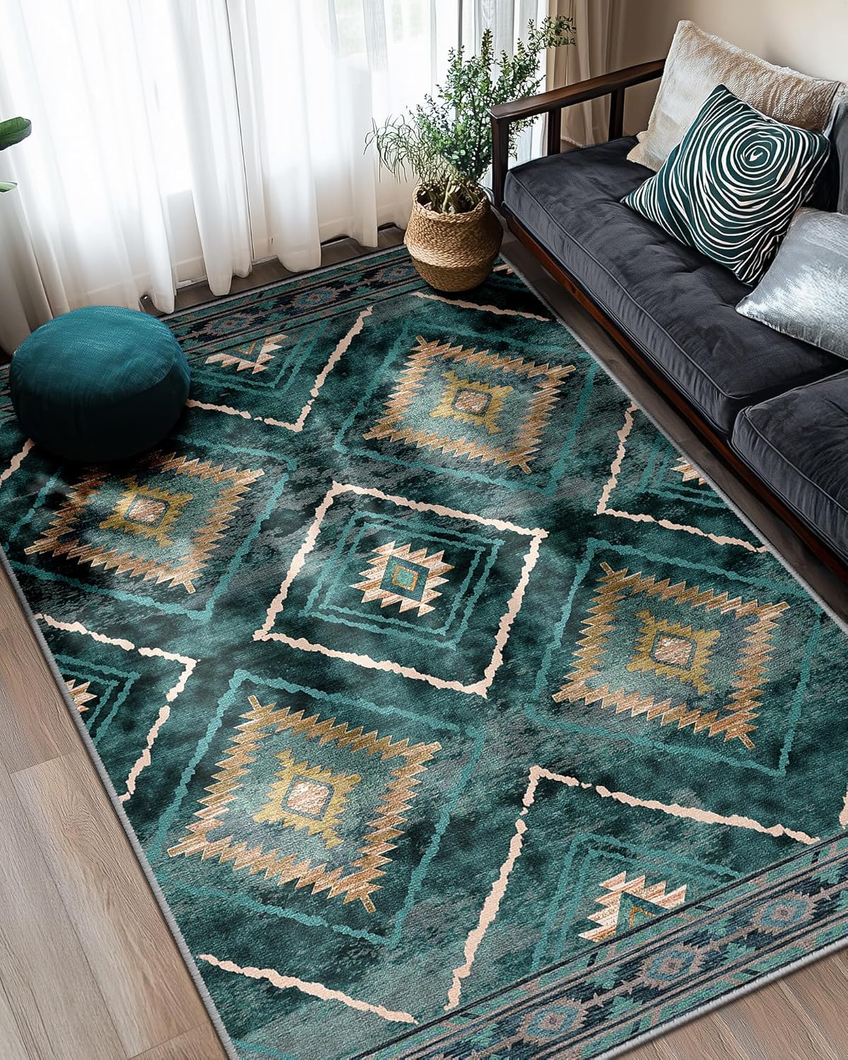 Area Rug 8x10 Rug Machine Washable Non-Slip Low Pile Print Pattern Western Rug for Living Room Bedroom Entryway Tribal Series -Cream/Camel
