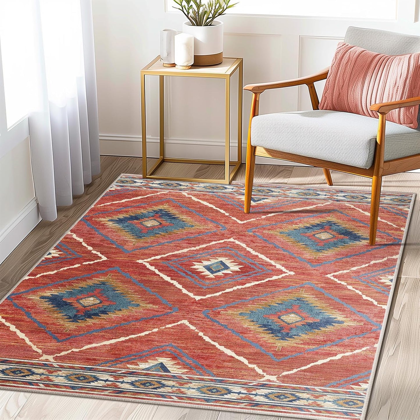 Area Rug 8x10 Rug Machine Washable Non-Slip Low Pile Print Pattern Western Rug for Living Room Bedroom Entryway Tribal Series -Cream/Camel