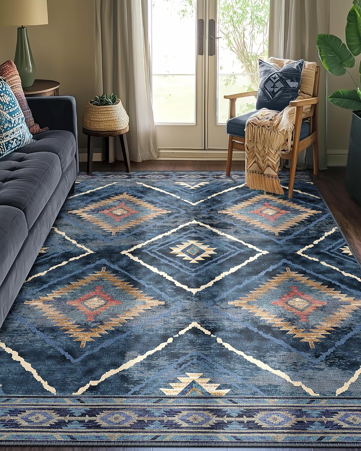 Area Rug 8x10 Rug Machine Washable Non-Slip Low Pile Print Pattern Western Rug for Living Room Bedroom Entryway Tribal Series -Cream/Camel