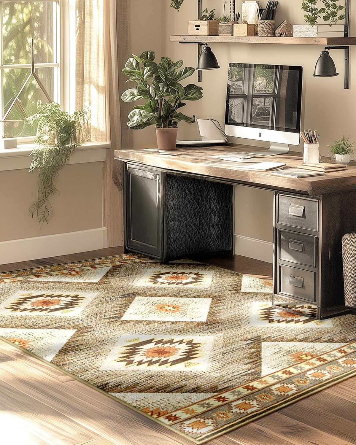 Area Rug 8x10 Rug Machine Washable Non-Slip Low Pile Print Pattern Western Rug for Living Room Bedroom Entryway Tribal Series -Cream/Camel