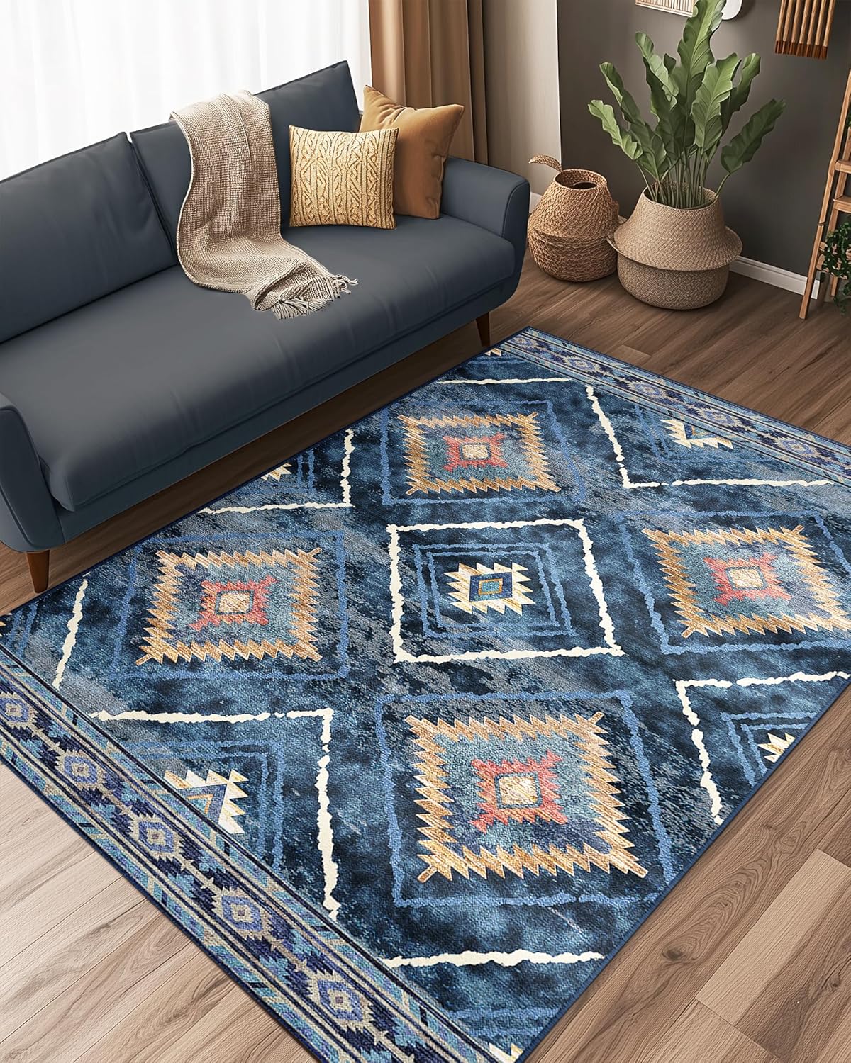 Area Rug 8x10 Rug Machine Washable Non-Slip Low Pile Print Pattern Western Rug for Living Room Bedroom Entryway Tribal Series -Cream/Camel