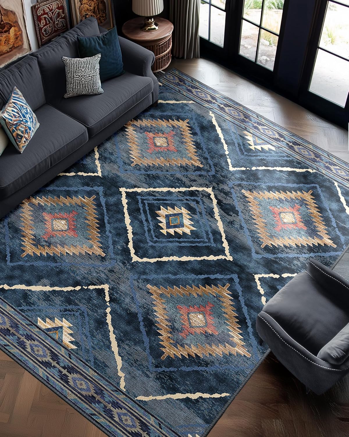 Area Rug 8x10 Rug Machine Washable Non-Slip Low Pile Print Pattern Western Rug for Living Room Bedroom Entryway Tribal Series -Cream/Camel